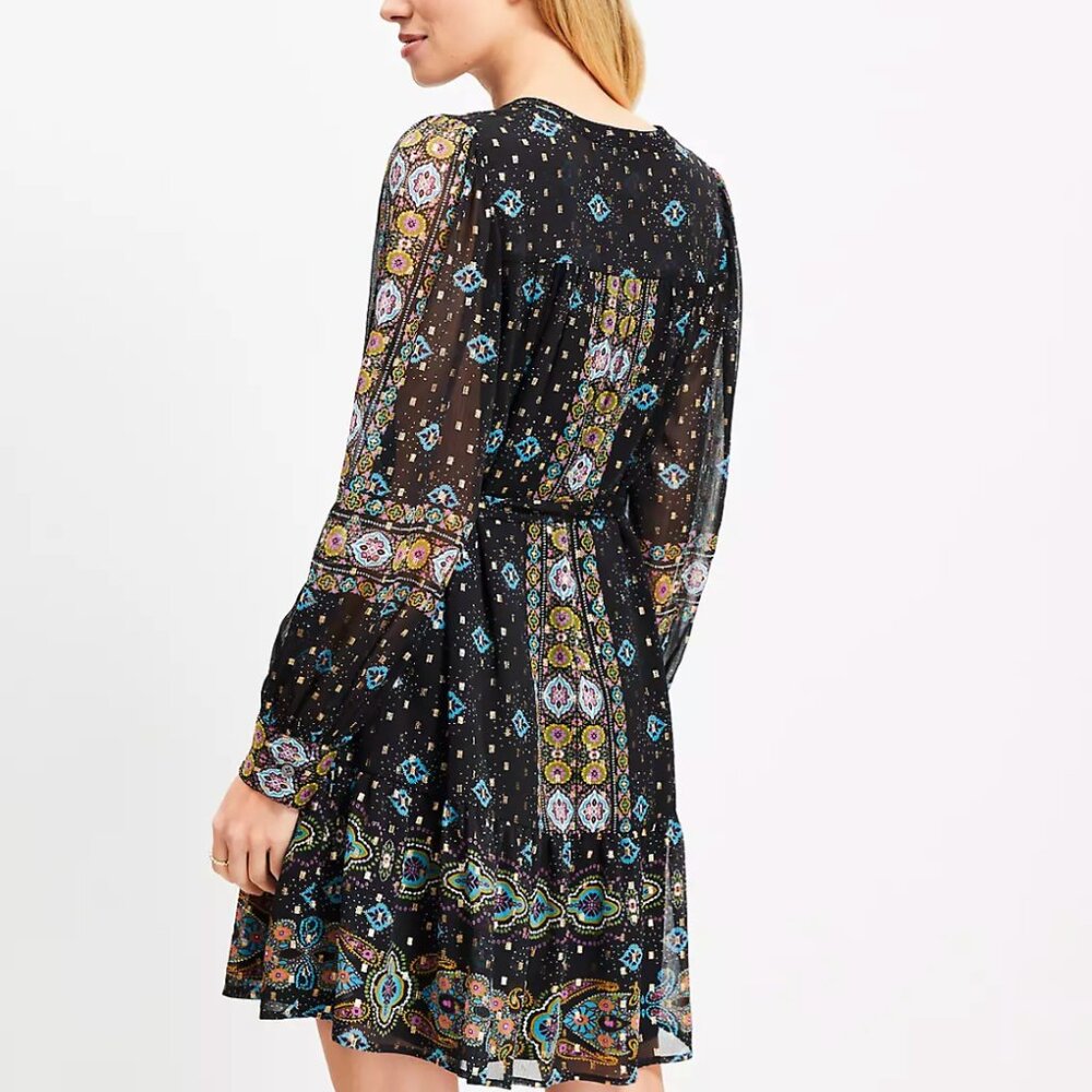 NWOT New Loft Women's Foil Baroque Flounce Mini Dress Size Extra Small XS Black - Picture 2 of 8